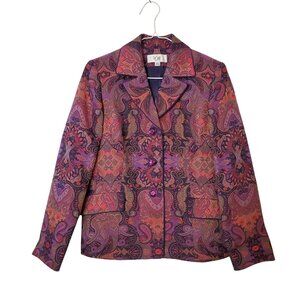 Le Suit Petite Womens Paisley Blazer Jacket Size 10P Polyester Multicolor Purple
